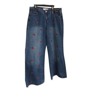 Ashley Mason cherry embroidered wide flare‎ leg baggy jeans size 11/30 brand new